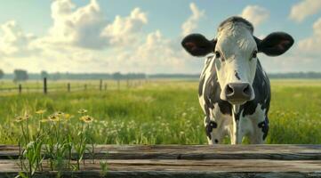 ai generado un aislado vaca en pie en frente de un de madera mesa con césped y tierras de cultivo foto