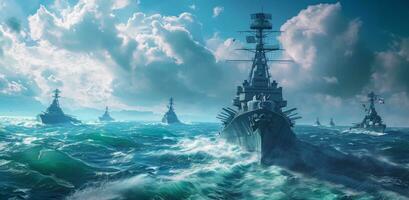 AI generated naval battleships sailing along the ocean photo