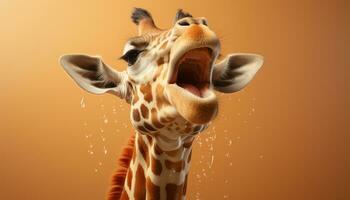 AI generated Cute giraffe looking at camera, wet fur, smiling in nature generated by AI photo