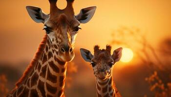 ai generado linda jirafa en pie en el africano sabana a puesta de sol generado por ai foto