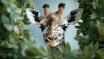 AI generated Giraffe in the wild, grazing on green grass, looking at camera generated by AI photo