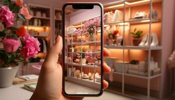 ai generado un mujer mano participación un Fresco flor en un Tienda generado por ai foto