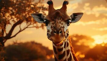 AI generated Giraffe in Africa, standing tall, grazing on the plain generated by AI photo