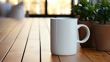 AI generated Coffee cup on wooden table in cozy indoor space generated by AI photo