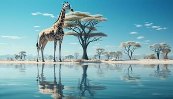 AI generated Giraffe standing tall, reflecting in tranquil water, Africa natural beauty generated by AI photo