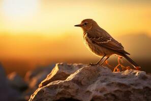 AI generated a bird sits ontop a rock, with the sun setting behind it photo