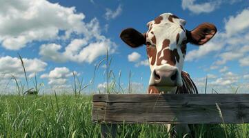 AI generated an isolated cow standing in front of a wooden table with grass and farmland photo