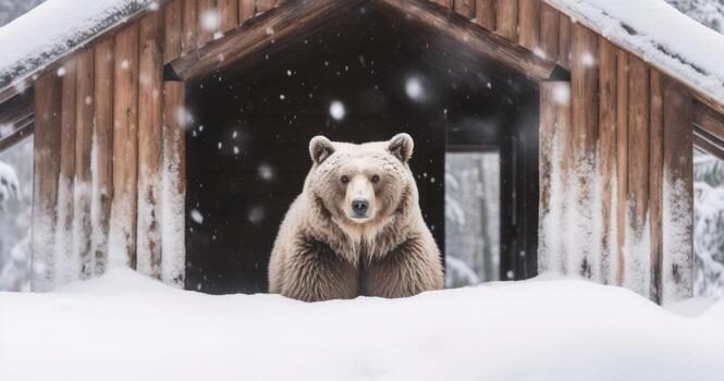 AI generated a bear standing in a snow covered cabin photo