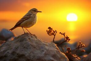 AI generated a bird sits ontop a rock, with the sun setting behind it photo