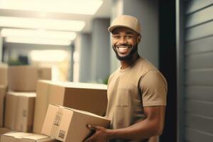 AI generated a black delivery man holding a package photo