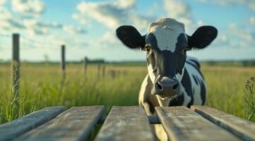 ai generado un aislado vaca en pie en frente de un de madera mesa con césped y tierras de cultivo foto