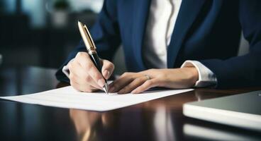 AI generated a business woman is signing a document at her desktop photo