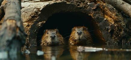 AI generated beavers peering through a camera hole photo