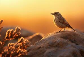 AI generated a bird sits ontop a rock, with the sun setting behind it photo