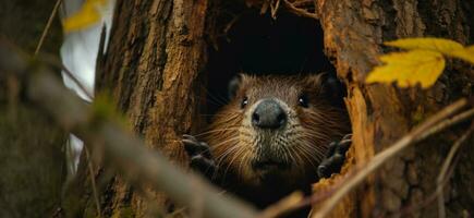 AI generated beavers peering through a camera hole photo