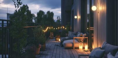 ai generado un al aire libre balcón con Encendiendo, sofás y pequeño jardines foto