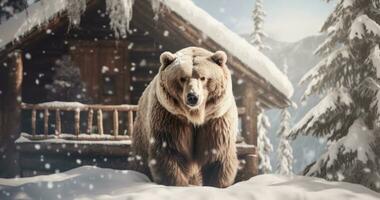 ai generado un oso en pie en un nieve cubierto cabina foto