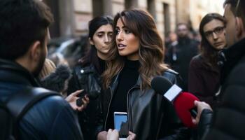 AI generated a girl talks to reporters while standing in the street photo