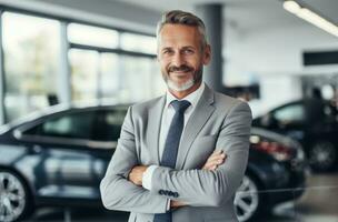 AI generated a businessman standing in front of a car showroom photo