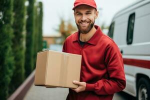 AI generated a delivery man in red is holding a box photo