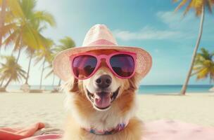 AI generated a dog wearing a pink hat and sunglasses on a beach photo