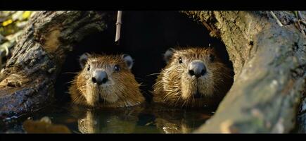 AI generated beavers peering through a camera hole photo