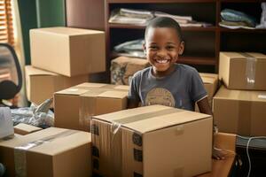 AI generated a delivery man smiling in his office holding a box of boxes photo