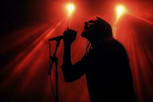 ai generado cantante canto con luces detrás él foto