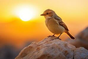 AI generated a bird sits ontop a rock, with the sun setting behind it photo