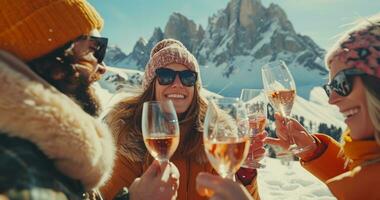 ai generado contento personas Bebiendo vino en un invierno día foto