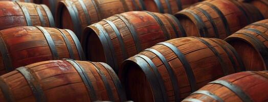 AI generated dark red wine barrels stacked together photo