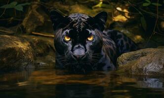 AI generated a black panther sitting in a stream photo
