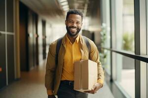 AI generated a black man holding a package and smiling while walking photo