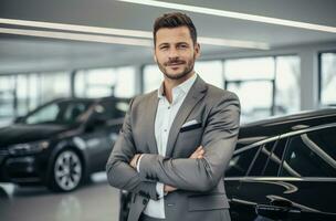 ai generado un empresario en pie en frente de un coche sala de exposición foto