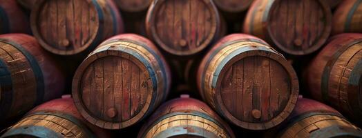 AI generated dark red wine barrels stacked together photo