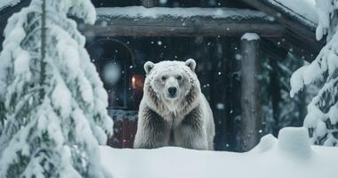 ai generado un oso en pie en un nieve cubierto cabina foto