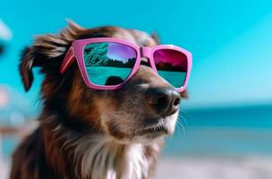 AI generated a dog wearing pink sunglasses in the sun photo