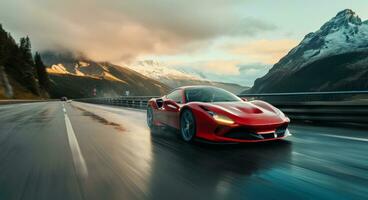 ai generado un rojo Deportes coche unidades en el la carretera foto