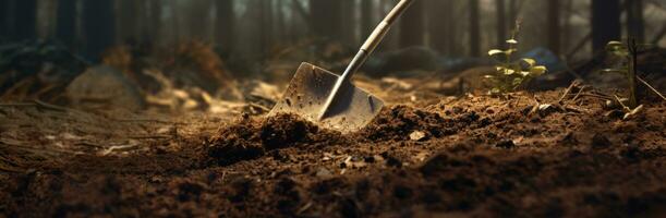 AI generated a shovel digging the ground in woodlands concept of nature on the ground photo