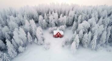 ai generado un rojo casa es cubierto en nieve en un enselvado zona foto