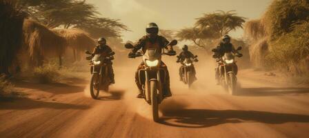 AI generated a group of motorcycle riders riding down a dirt road photo