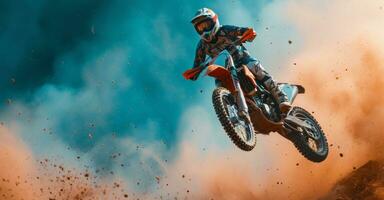 ai generado un motocross jinete soplo aire mientras haciendo acrobacias en el aire foto