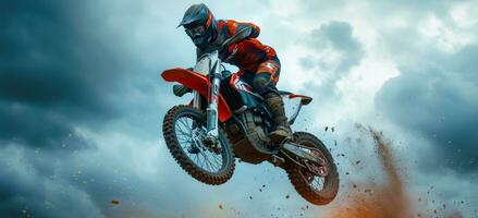 AI generated a motorcyclist doing stunts while on his dirt bike photo