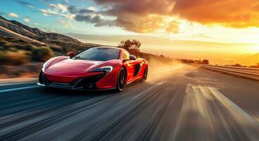 ai generado un rojo Deportes coche unidades en el la carretera foto