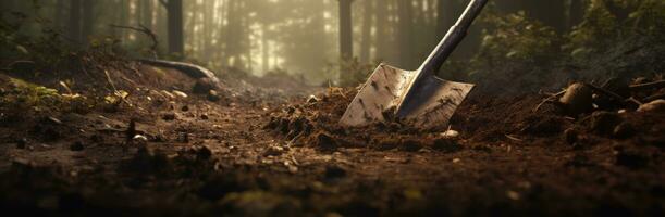 AI generated a shovel digging the ground in woodlands concept of nature on the ground photo