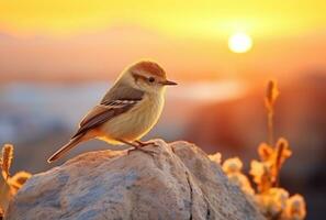 AI generated a small bird stands on a rock at sunset photo