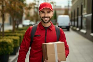 AI generated a delivery man in red is holding a box photo