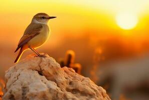 AI generated a small bird stands on a rock at sunset photo