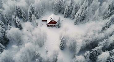 ai generado un rojo casa es cubierto en nieve en un enselvado zona foto