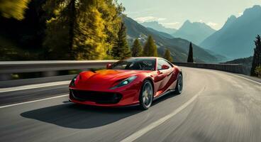 ai generado un rojo Deportes coche unidades en el la carretera foto